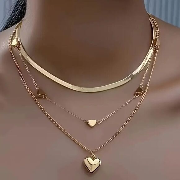 Layered Gold Heart Pendant Necklace, Stainless Steel Choker Chain layered - Picture 2 of 7